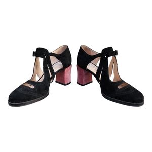 Fendi Mary Jane Cutout Suede & Velvet Block Heel Pumps Black Blossom Sz 38 / 7.5